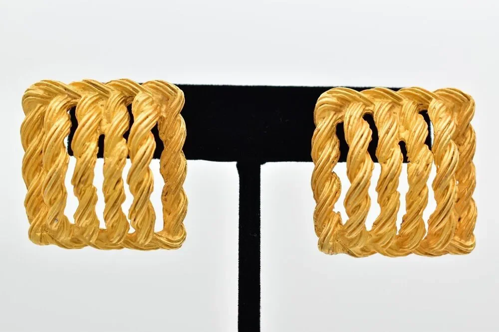 Vintage Square Rope Earrings Dangle Brushed Gold Matte Chunky Bold 1980s BinBK